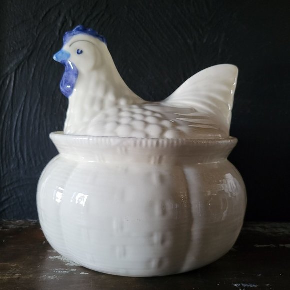 Vintage Blue and White Hen on Nest Tureen Cottagecore Country Kitchen